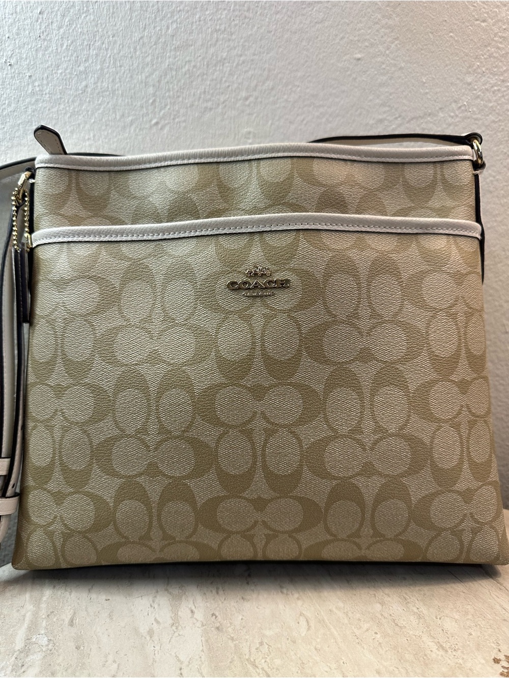 Coach Beige Khaki Signature Crossbody with White Trim